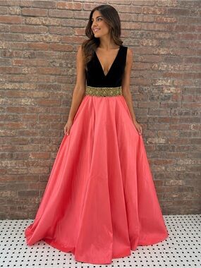 NWT Mac Duggal Black and Coral-prom, wedding, gala- Dress with Gold Details